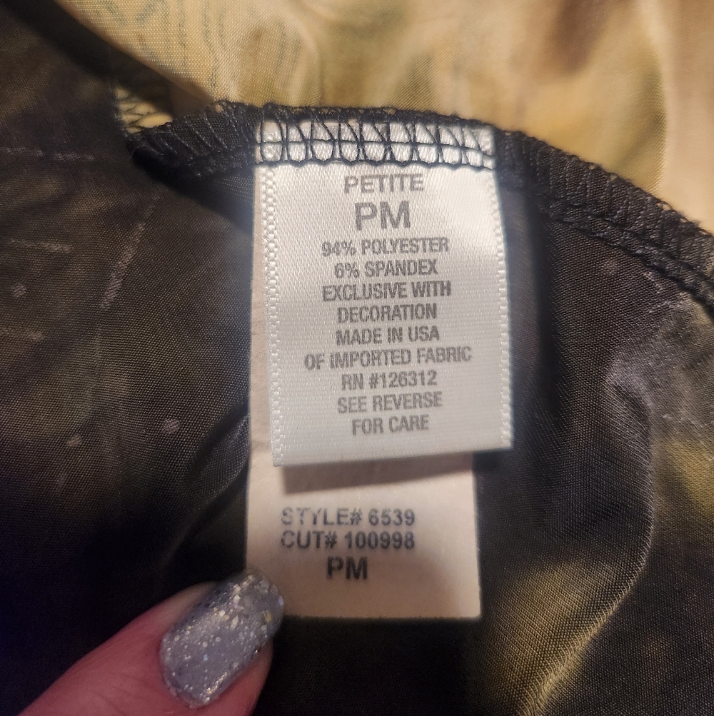 Dress Barn Short Sleeve Brown/Green Cowel Neck Gold Metallic Embellishmets PM - Picture 9 of 10